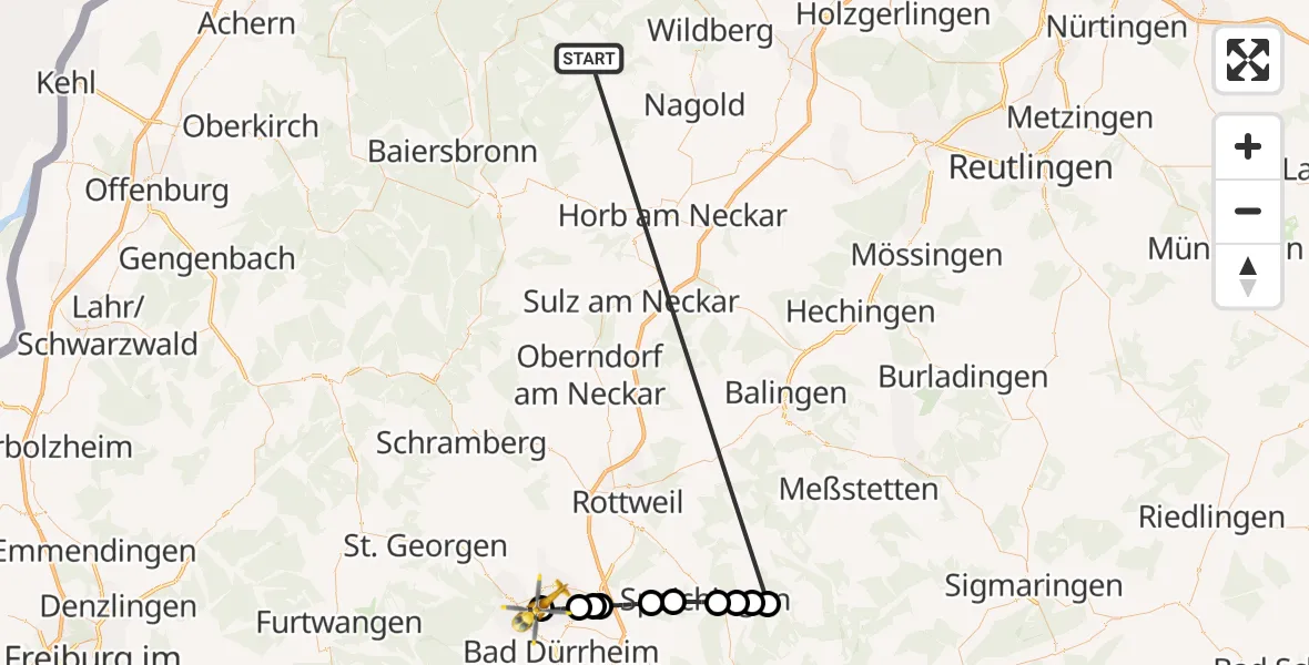 Flugroute Ambulanzhubschrauber Altensteig - DRF Air Rescue Station Villingen-Schwenningen Hubschrauberlandeplatz (Christoph 11), 23 August 2026, 08:48