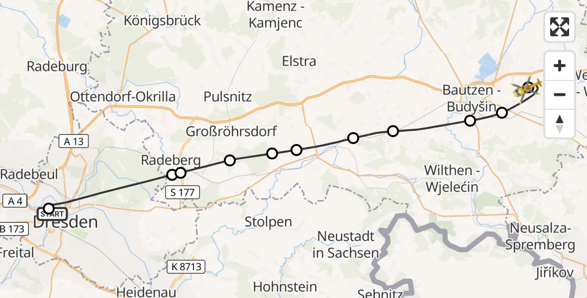 Flugroute Rettungshubschrauber Dresden Friedrichstadt Hospital - Bautzen Flugplatz, 23 August 2026, 08:49
