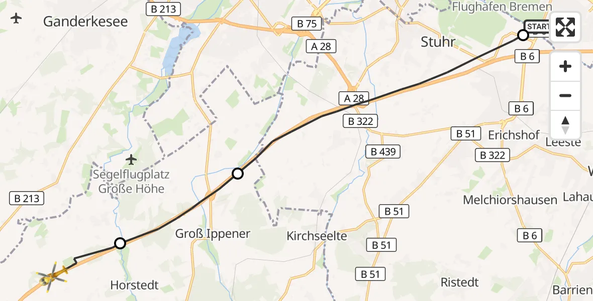 Flugroute Rettungshubschrauber Bremen - Prinzhöfte, 23 August 2026, 08:54