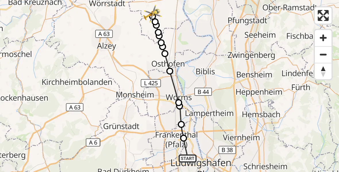 Flugroute Rettungshubschrauber Ludwigshafen am Rhein - Weinolsheim, 23 August 2026, 08:58