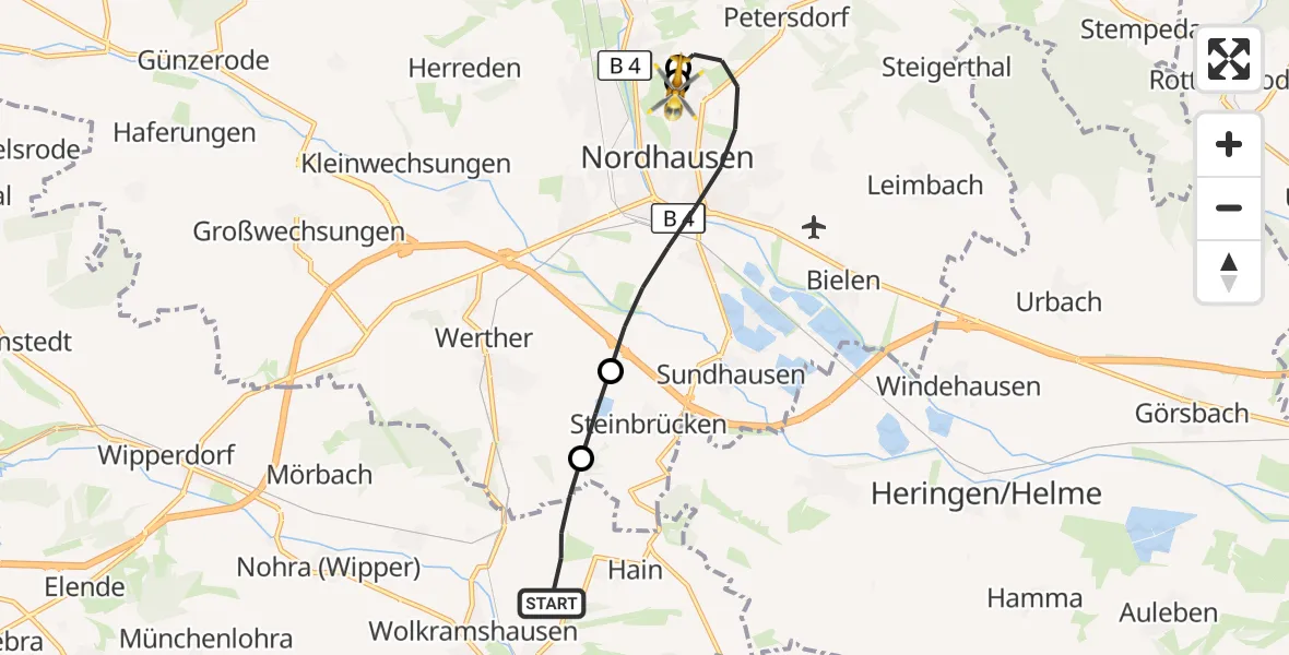 Flugroute Rettungshubschrauber Kleinfurra - Südharz Hospital Nordhausen, 23 August 2026, 09:00