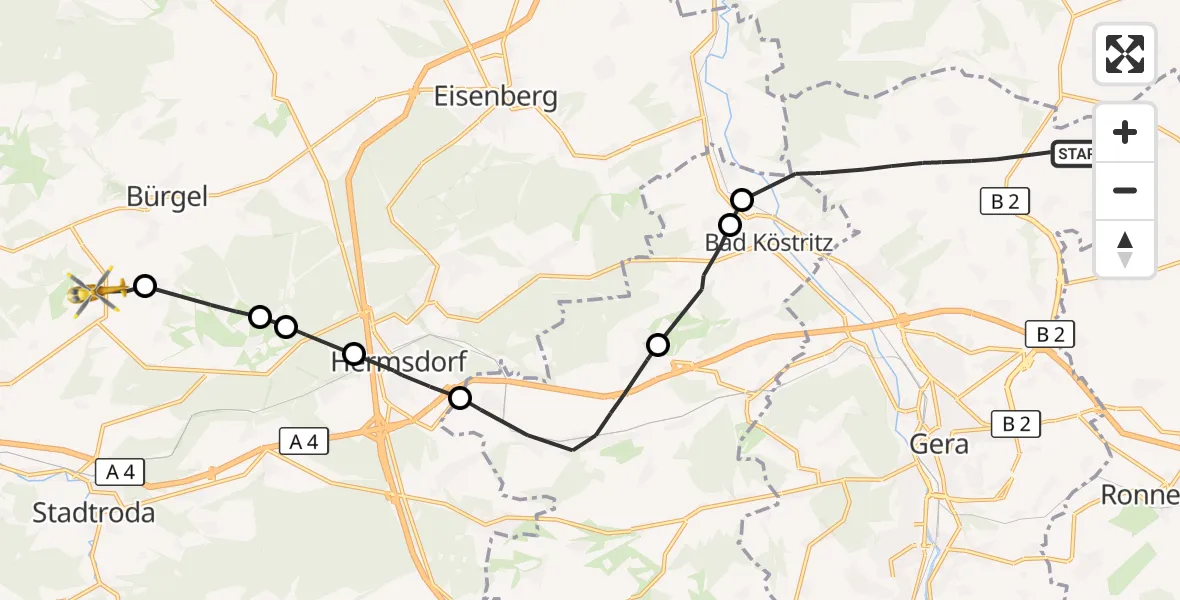Flugroute Rettungshubschrauber Gera - Schöngleina, 23 August 2026, 09:04