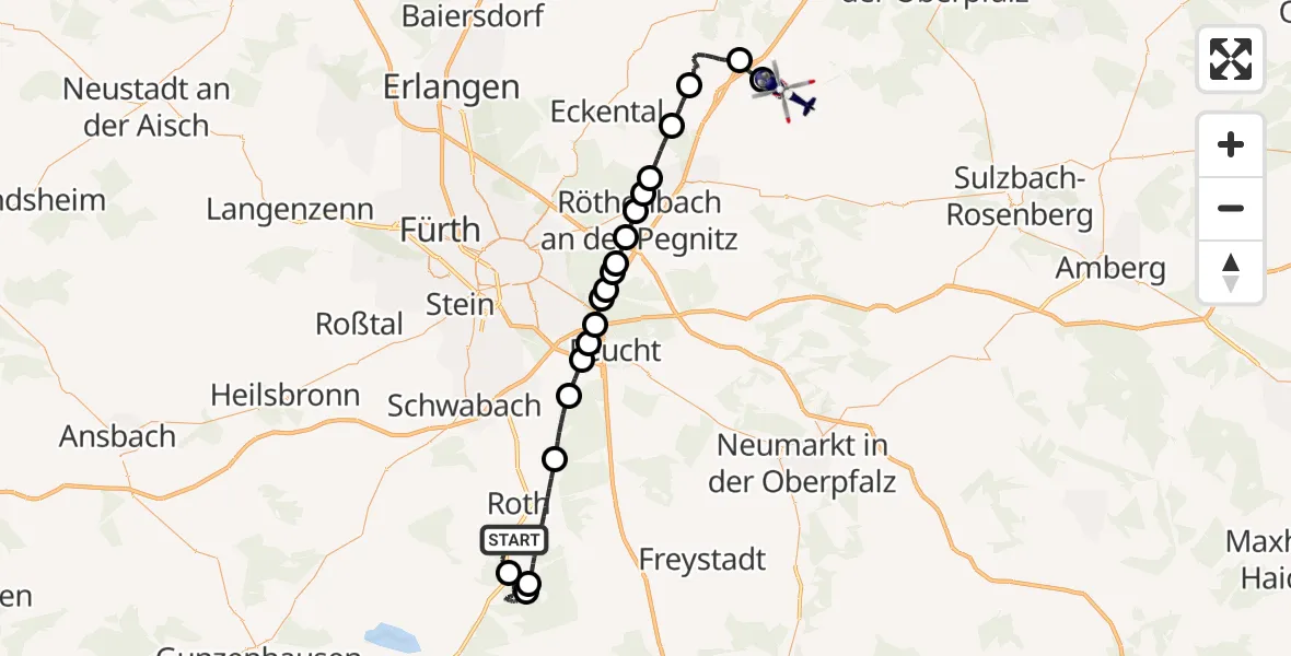 Flugroute Polizeihubschrauber Roth - Kirchensittenbach, 23 August 2026, 09:11