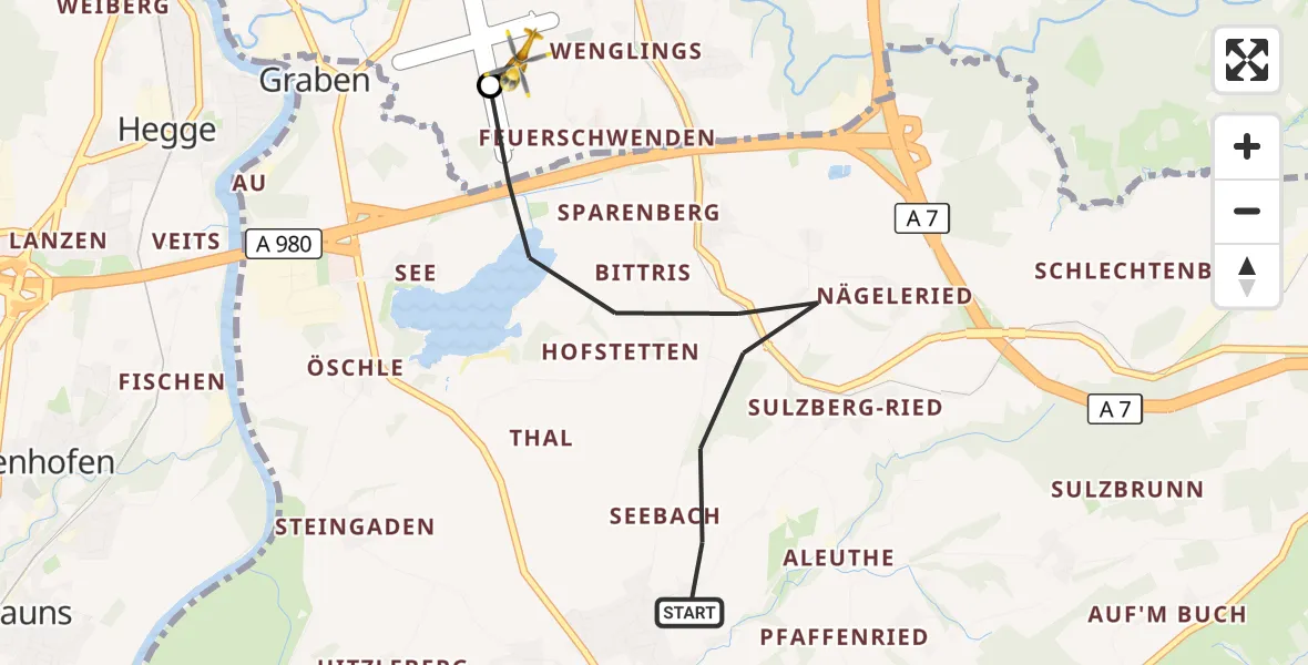 Flugroute Rettungshubschrauber Sulzberg - Kempten-Durach Flugplatz, 23 August 2026, 09:24