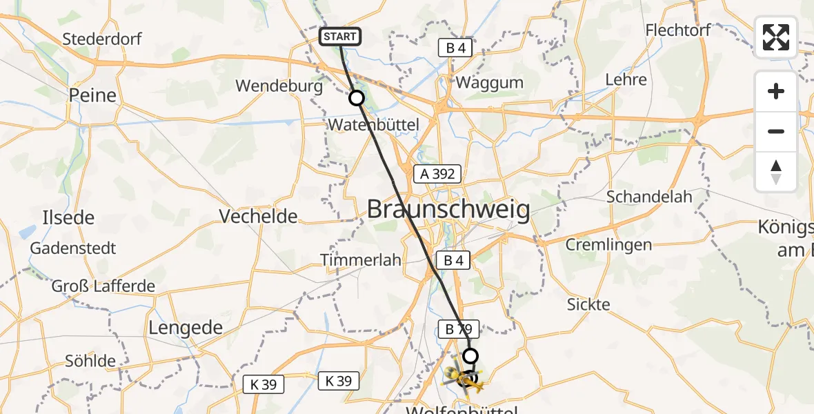 Flugroute Rettungshubschrauber Schwülper - Wolfenbüttel Municipal Hospital Heliport (Christoph 30), 23 August 2026, 09:25