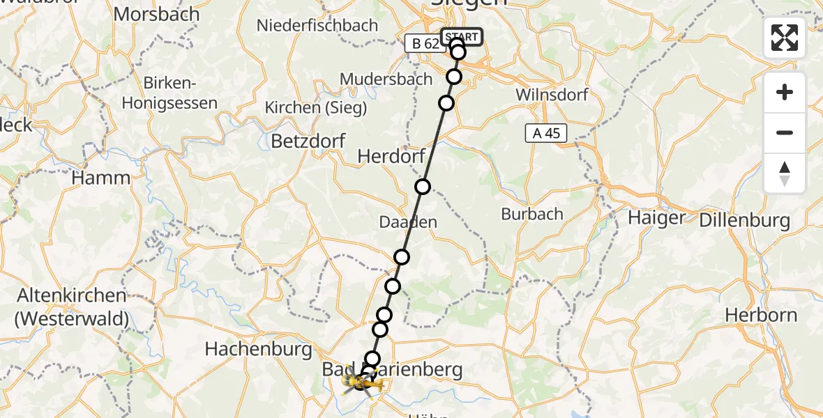 Flugroute Rettungshubschrauber Evangelisches Jung-Stilling Hospital - Hardt, 23 August 2026, 09:36