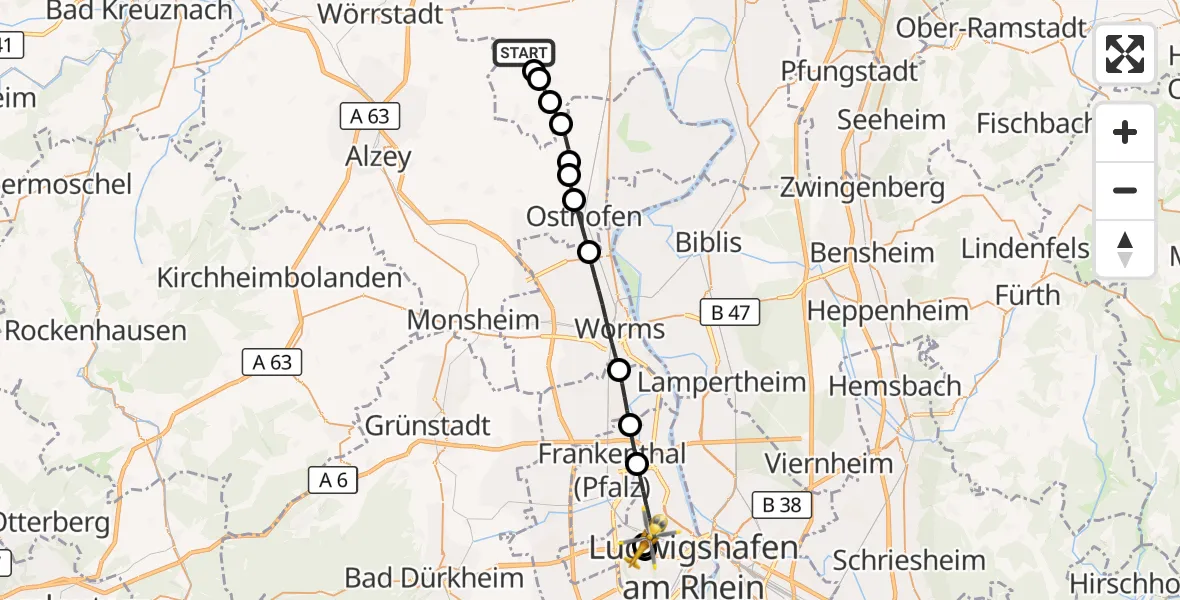 Flugroute Rettungshubschrauber Weinolsheim - Ludwigshafen Accident Hospital, 23 August 2026, 09:36