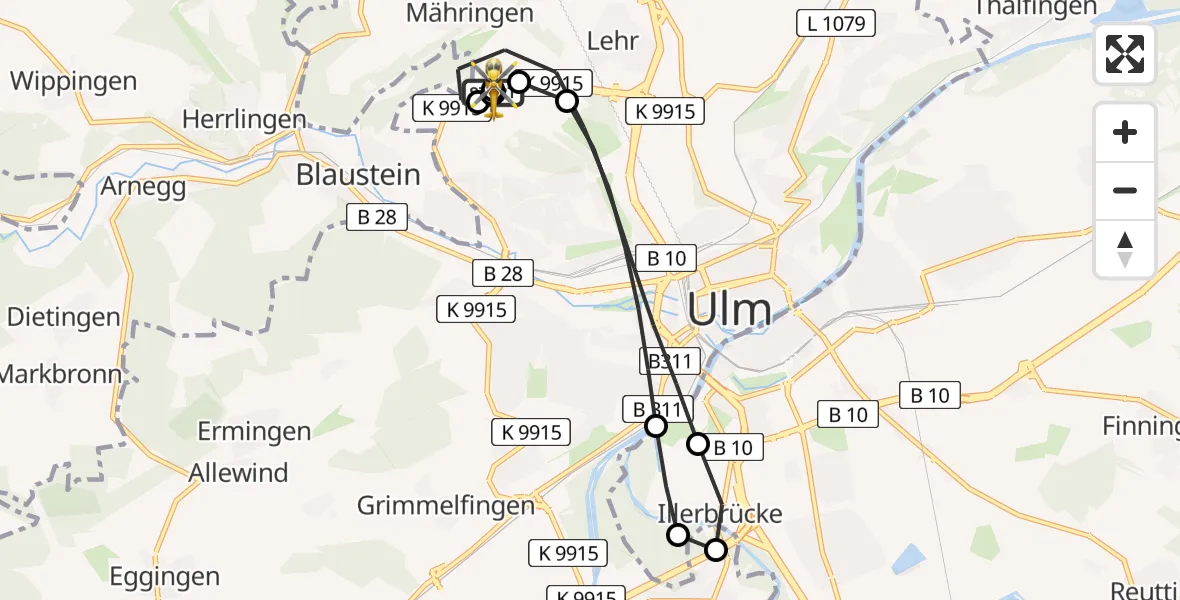 Flugroute Rettungshubschrauber Ulm Military Hospital Emergency - ADAC Air Rescue Station Ulm (Christoph 22), 23 August 2026, 09:45