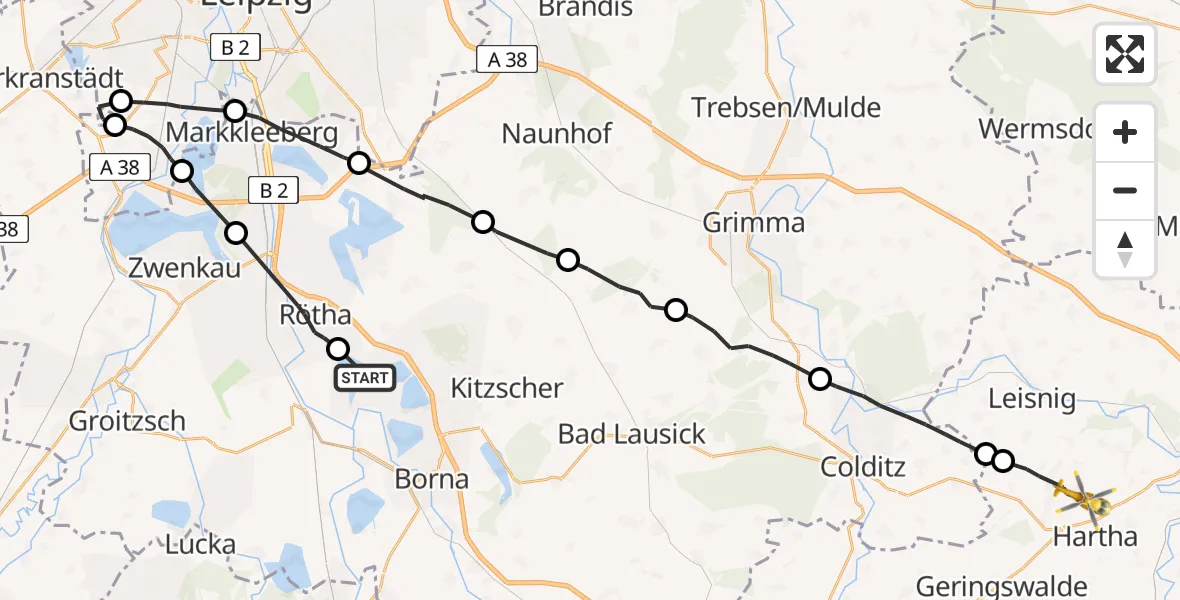 Flugroute Rettungshubschrauber Neukieritzsch - Hartha, 23 August 2026, 09:48