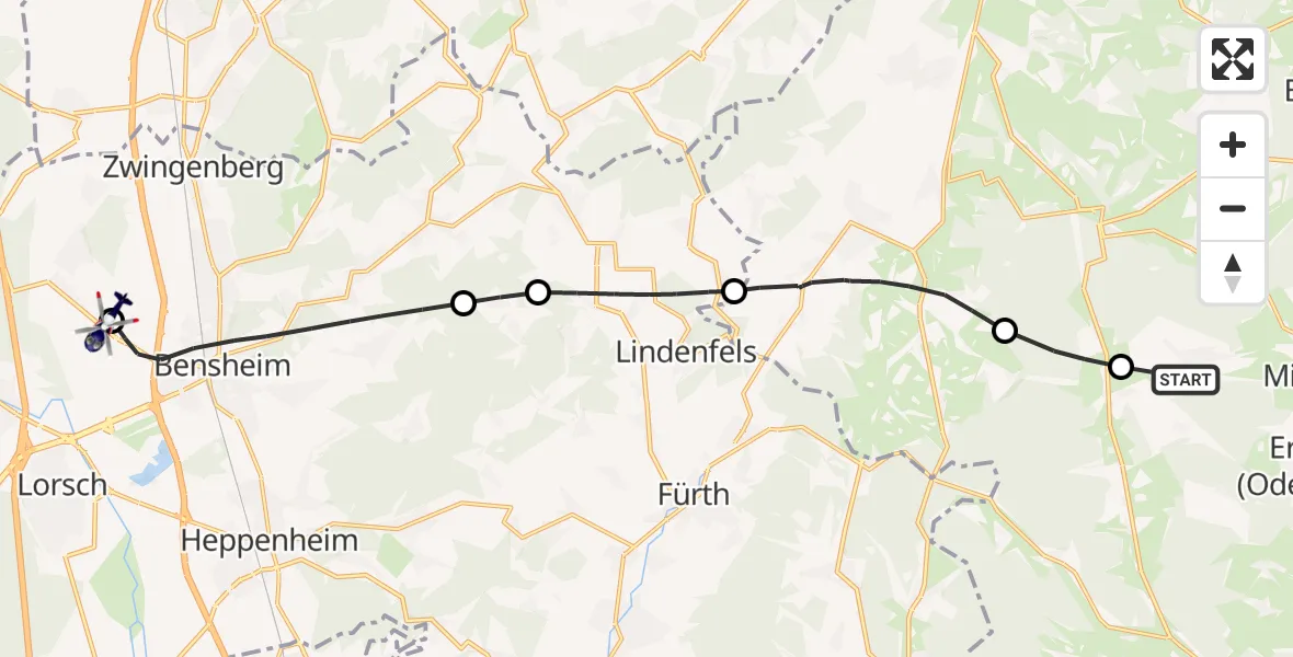 Flugroute Polizeihubschrauber Michelstadt - Bensheimer Stadtwiesen Flugplatz, 23 August 2026, 09:48