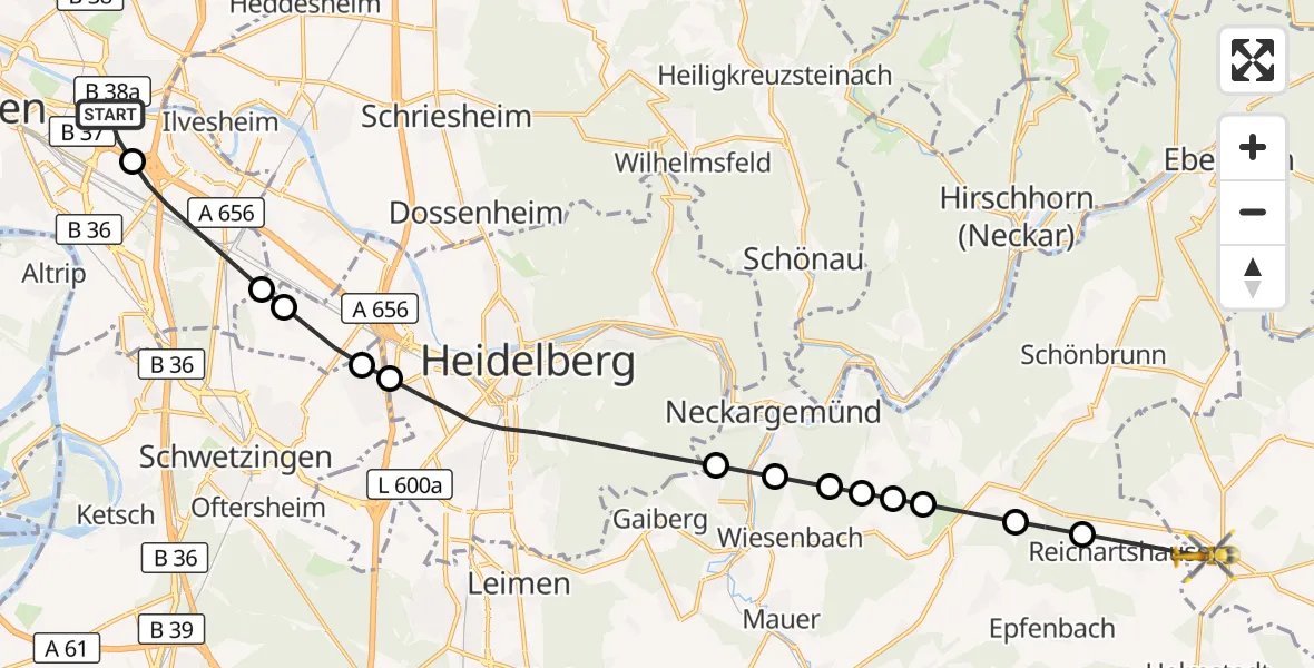 Flugroute Rettungshubschrauber Mannheim-City Flughafen - Aglasterhausen, 23 August 2026, 09:53