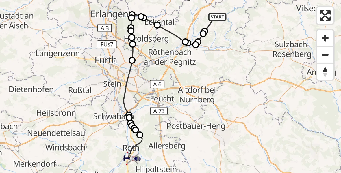 Flugroute Polizeihubschrauber Kirchensittenbach - Roth, 23 August 2026, 10:02