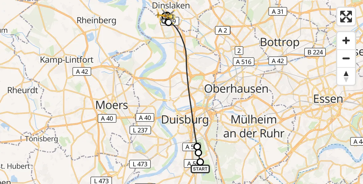 Flugroute Rettungshubschrauber Duisburg Air Rescue Hubschrauberlandeplatz (Christoph 9) - Dinslaken, 23 August 2026, 10:04