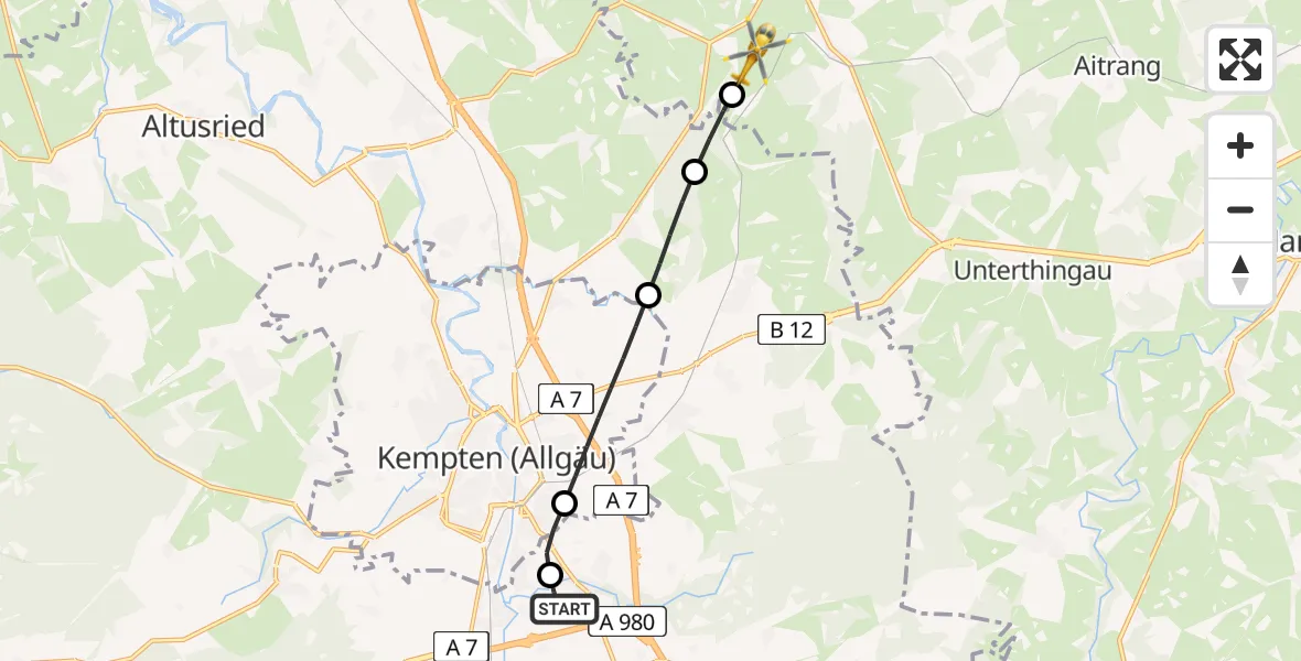 Flugroute Rettungshubschrauber Kempten-Durach Flugplatz - Günzach, 23 August 2026, 10:13