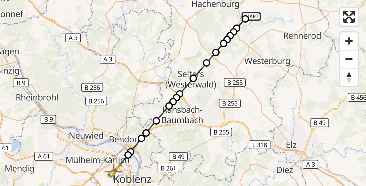 Flugroute Rettungshubschrauber Hardt - Koblenz, 23 August 2026, 10:16