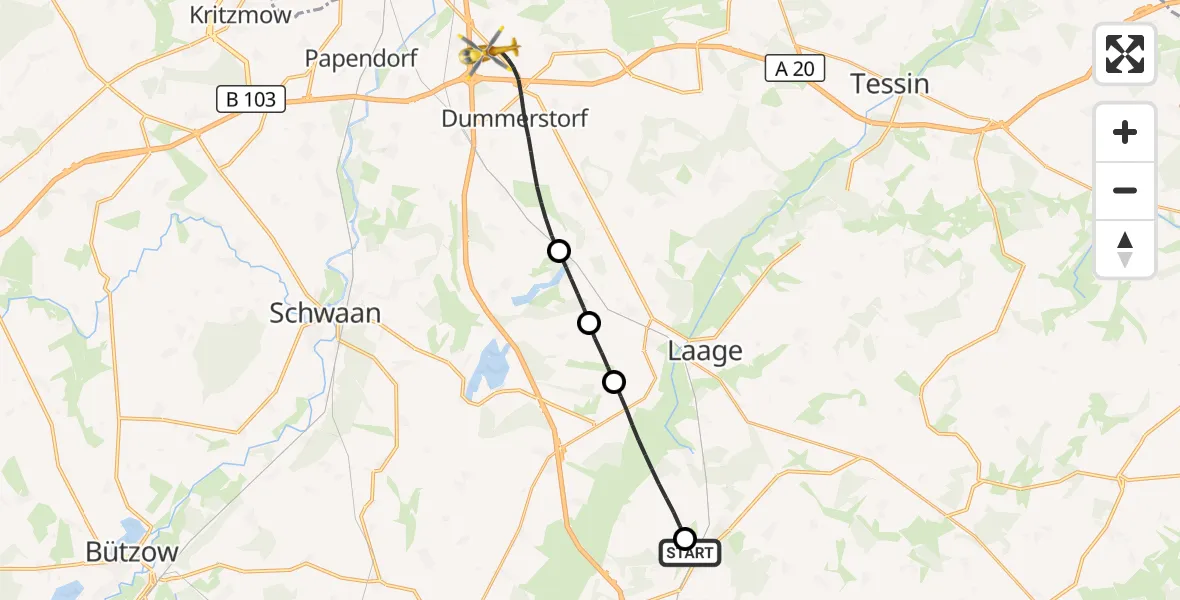 Flugroute Ambulanzhubschrauber Plaaz - Dummerstorf, 23 August 2026, 10:21
