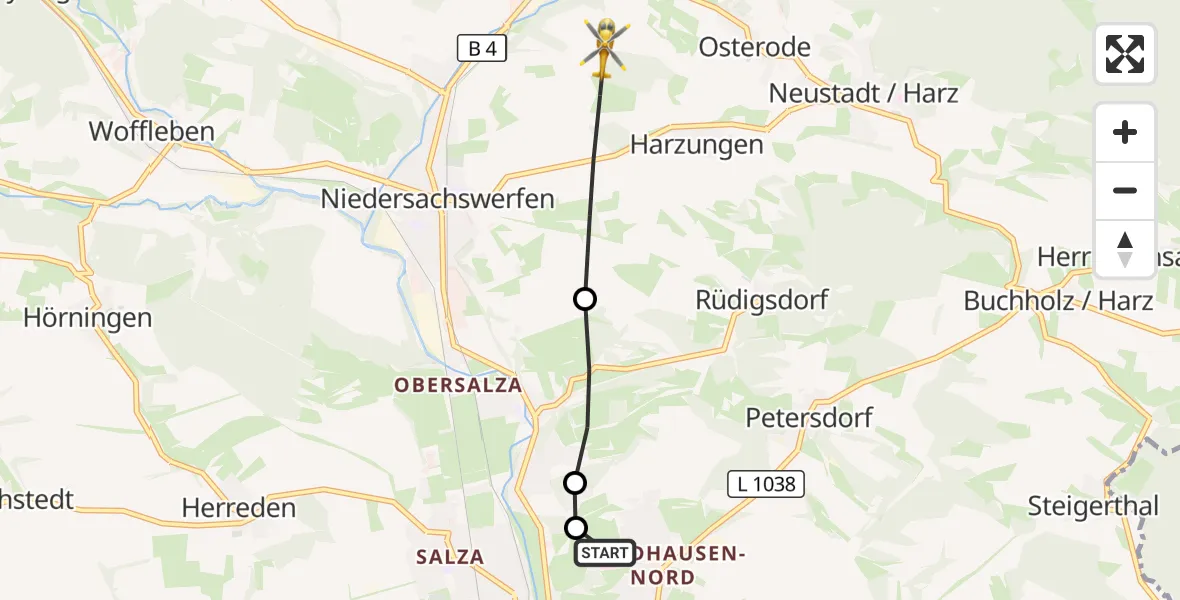 Flugroute Rettungshubschrauber Südharz Hospital Nordhausen - Harztor, 23 August 2026, 10:22