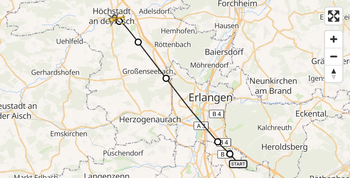 Flugroute Rettungshubschrauber Flughafen Nuremberg - Höchstadt a.d.Aisch, 23 August 2026, 10:25