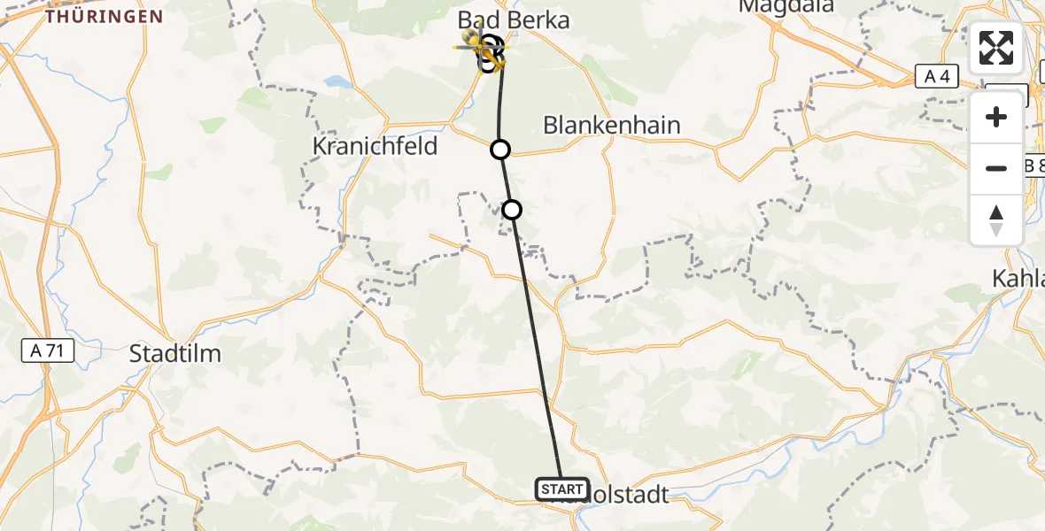 Flugroute Ambulanzhubschrauber Rudolstadt - Bad Berka Central Hospital, 23 August 2026, 10:26