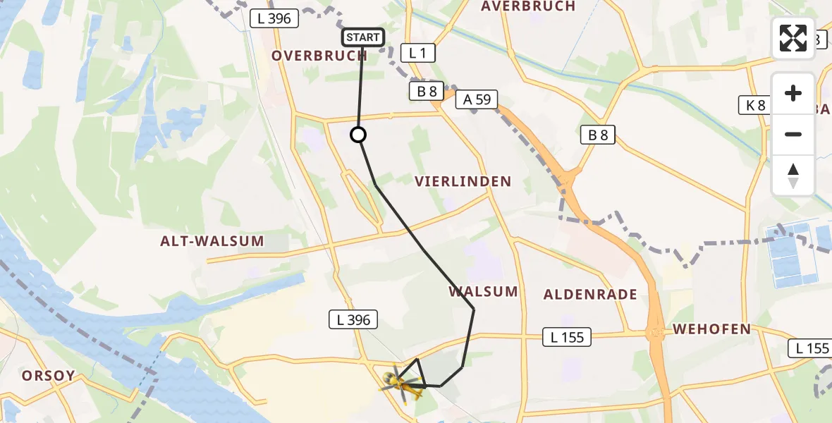 Flugroute Rettungshubschrauber Dinslaken - Duisburg, 23 August 2026, 10:27