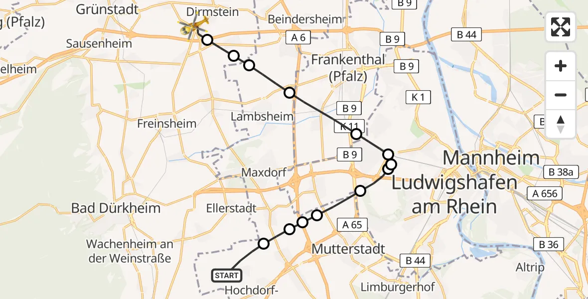 Flugroute Rettungshubschrauber Rödersheim-Gronau - Laumersheim, 23 August 2026, 10:32
