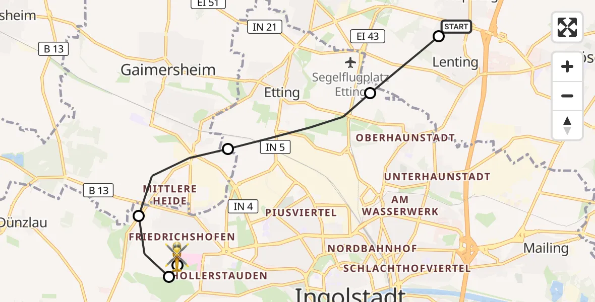 Flugroute Rettungshubschrauber Hepberg - Ingolstadt Hospital, 23 August 2026, 10:39