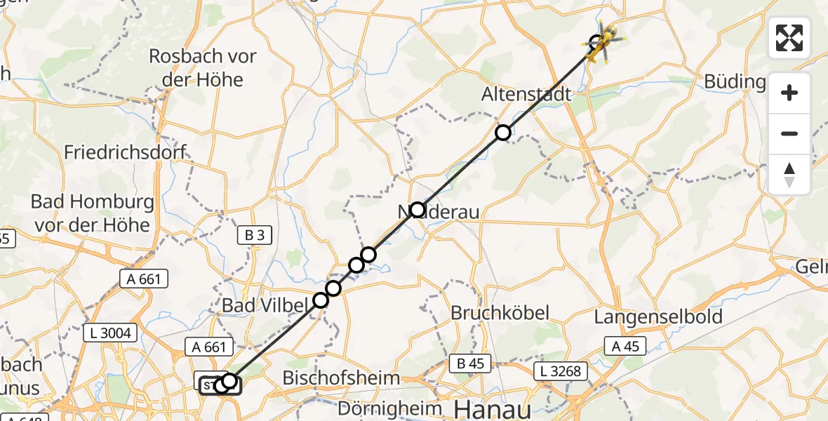 Flugroute Rettungshubschrauber Frankfurt am Main Accident Hospital Roof Helipad (CHX2) - Glauburg, 23 August 2026, 10:41