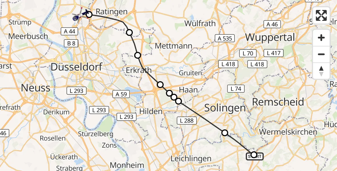 Flugroute Polizeihubschrauber Burscheid - Düsseldorf Flughafen, 23 August 2026, 10:43