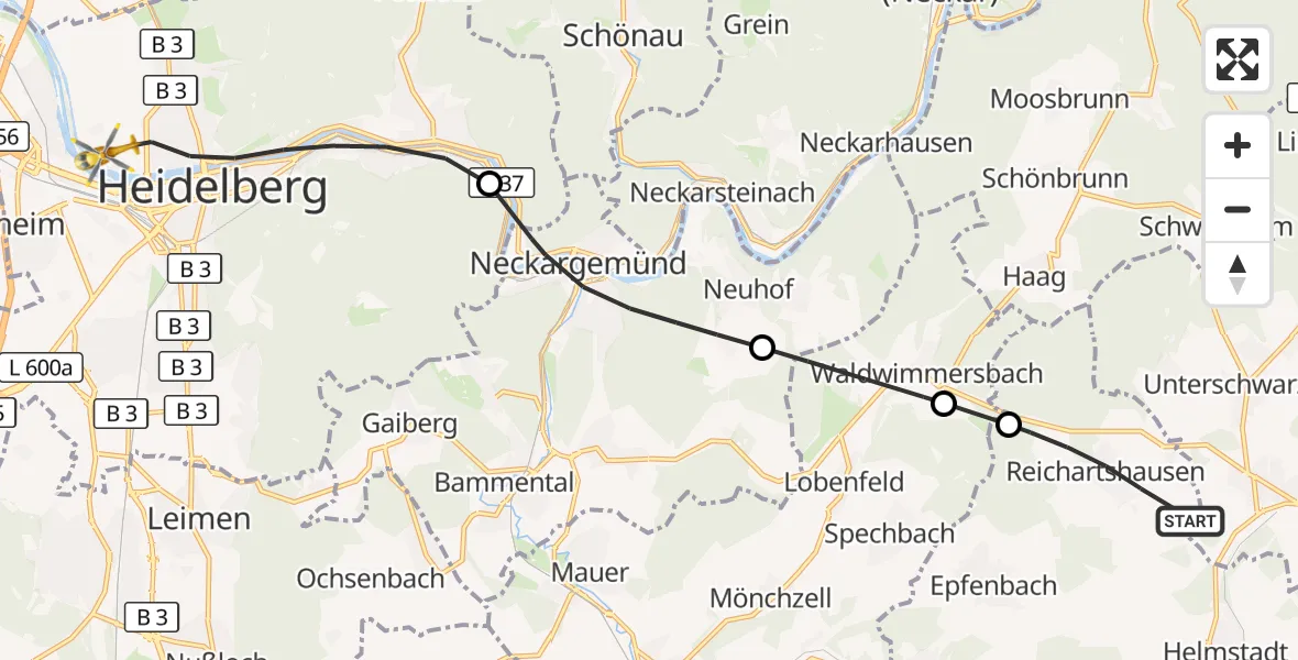Flugroute Rettungshubschrauber Reichartshausen - Heidelberg, 23 August 2026, 10:44