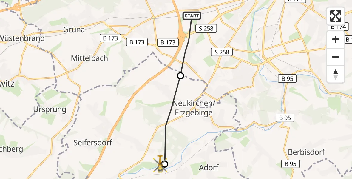 Flugroute Rettungshubschrauber Chemnitz - Jahnsdorf/Erzgeb., 23 August 2026, 10:48