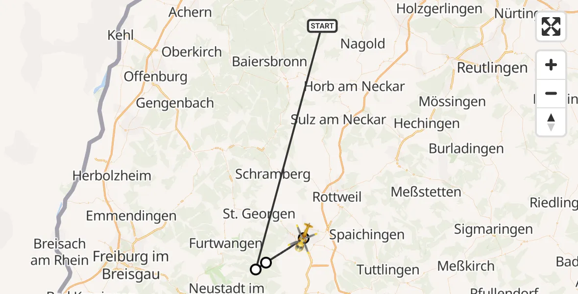 Flugroute Ambulanzhubschrauber Altensteig - DRF Air Rescue Station Villingen-Schwenningen Hubschrauberlandeplatz (Christoph 11), 23 August 2026, 10:51