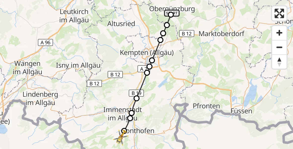 Flugroute Rettungshubschrauber Obergünzburg - Ofterschwang, 23 August 2026, 11:03