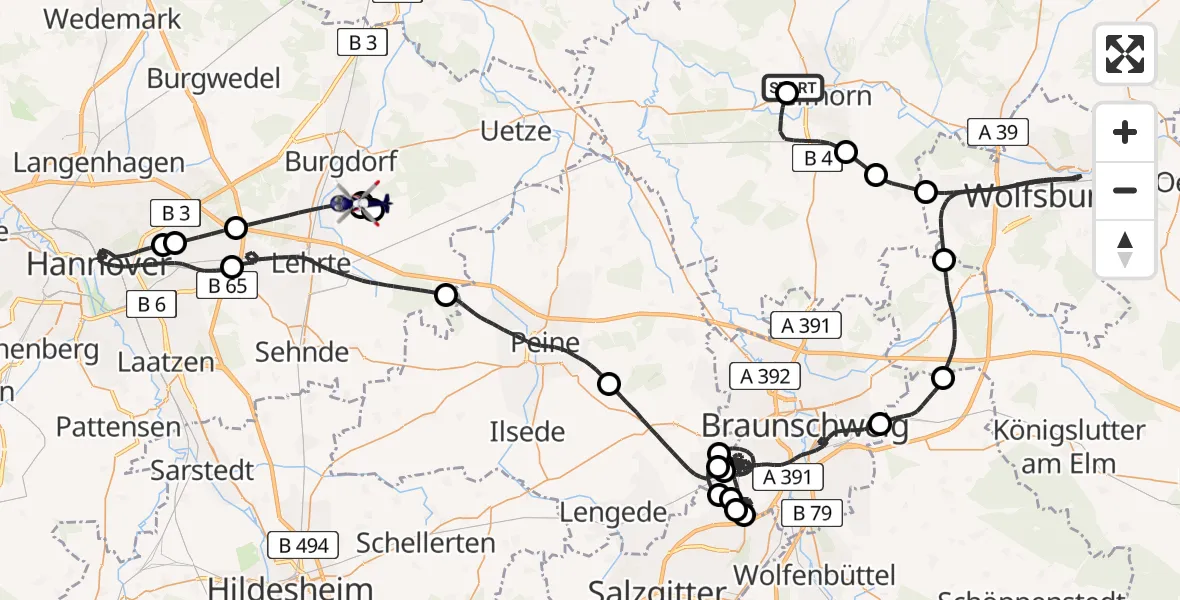 Flugroute Polizeihubschrauber Gifhorn Bundespolizei Hubschrauberlandeplatz - Burgdorf, 23 August 2026, 11:03