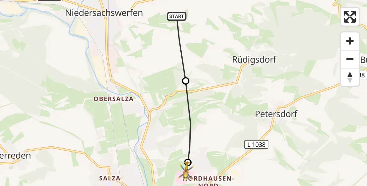 Flugroute Rettungshubschrauber Harztor - Südharz Hospital Nordhausen, 23 August 2026, 11:06