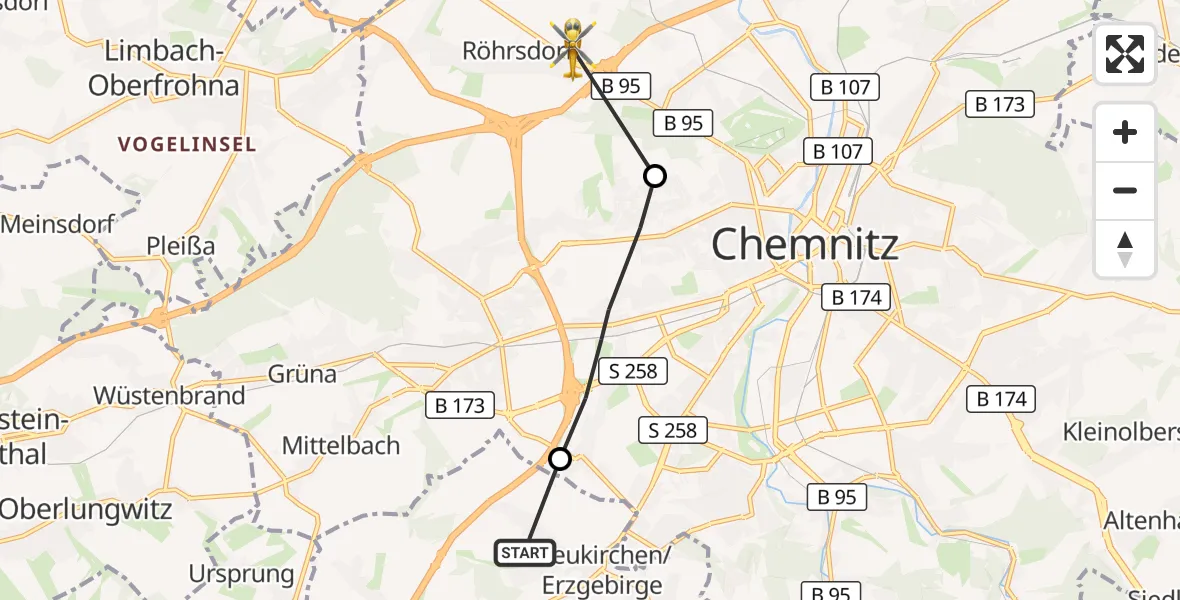 Flugroute Rettungshubschrauber Neukirchen/Erzgeb. - Chemnitz, 23 August 2026, 11:07