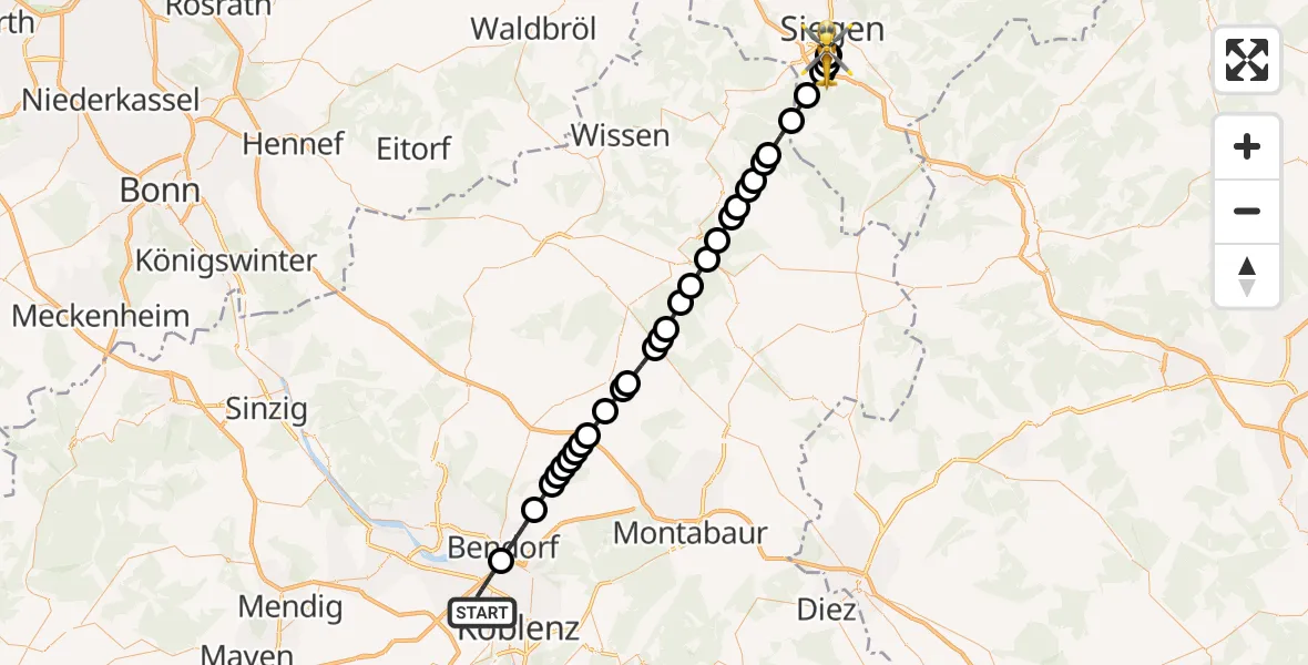 Flugroute Rettungshubschrauber Koblenz - Evangelisches Jung-Stilling Hospital, 23 August 2026, 11:09