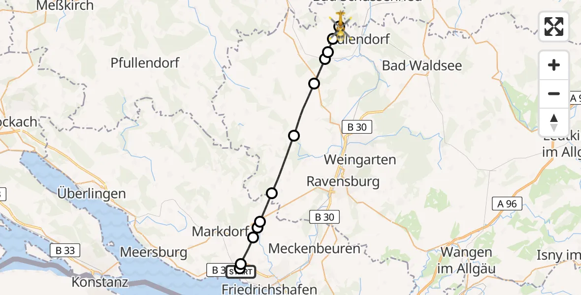 Flugroute Rettungshubschrauber Friedrichshafen Hospital - Ebersbach-Musbach, 23 August 2026, 11:13