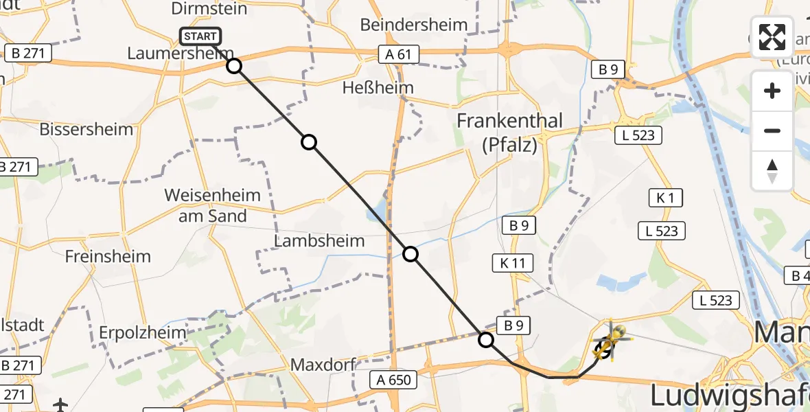 Flugroute Rettungshubschrauber Dirmstein - Ludwigshafen Accident Hospital, 23 August 2026, 11:18