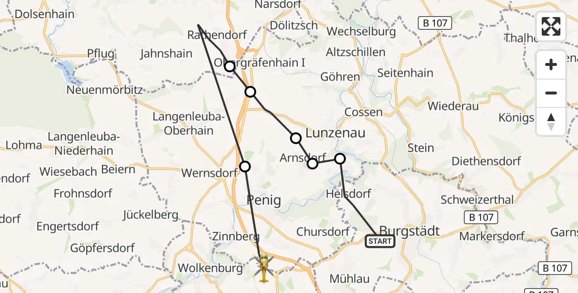 Flugroute Rettungshubschrauber Burgstädt - Penig, 23 August 2026, 11:21
