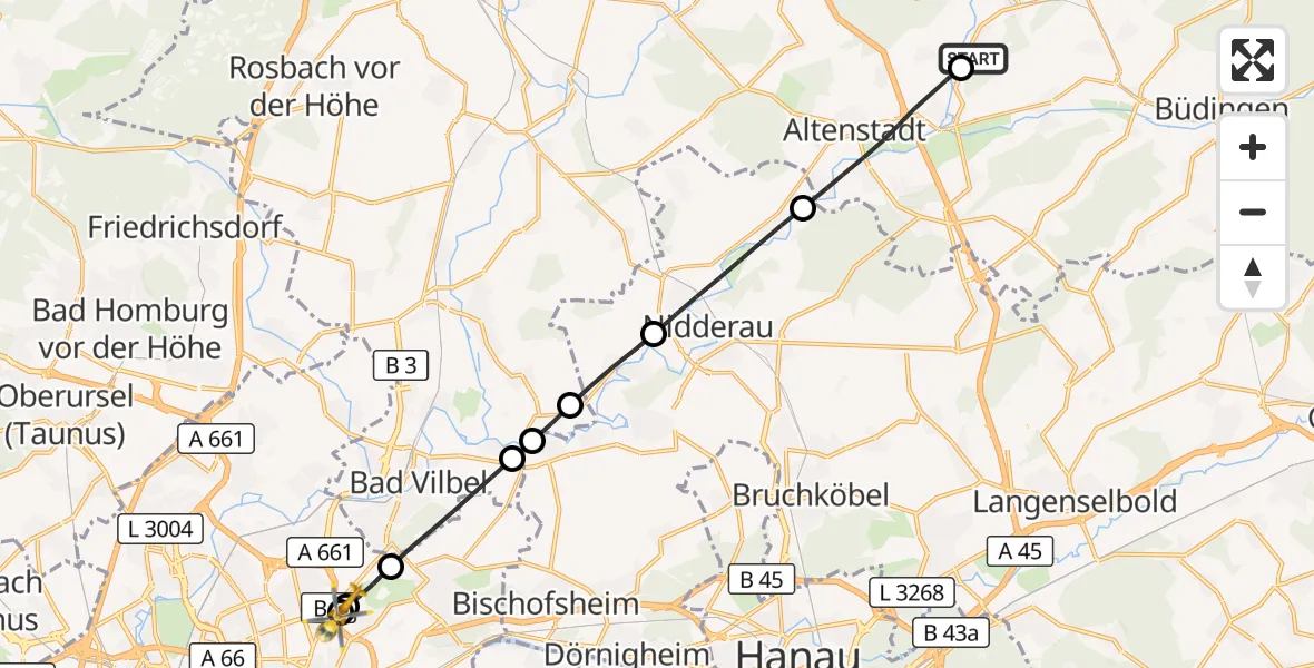 Flugroute Rettungshubschrauber Glauburg - Frankfurt am Main Accident Hospital Roof, 23 August 2026, 11:21