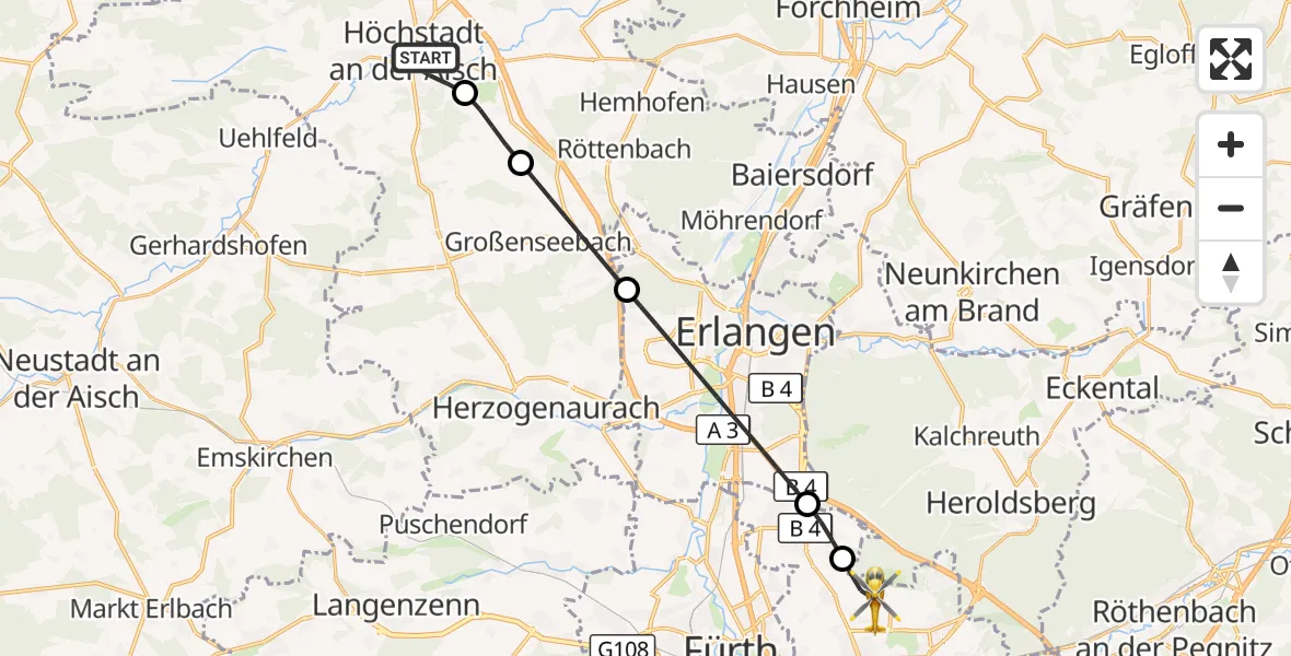 Flugroute Rettungshubschrauber Höchstadt a.d.Aisch - Flughafen Nuremberg, 23 August 2026, 11:28