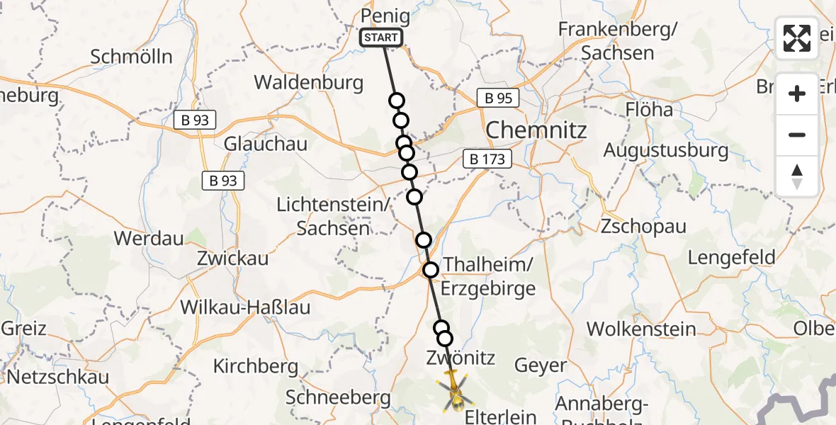 Flugroute Rettungshubschrauber Penig - Zwönitz, 23 August 2026, 11:28