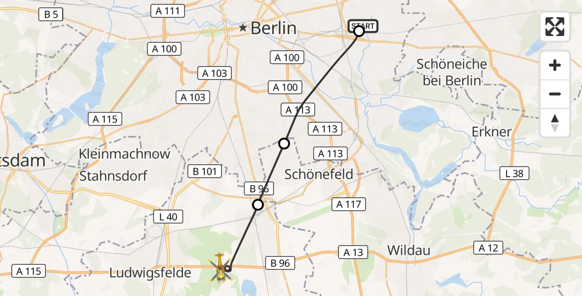 Flugroute Rettungshubschrauber Berlin Emergency Hospital - Blankenfelde-Mahlow, 23 August 2026, 11:35