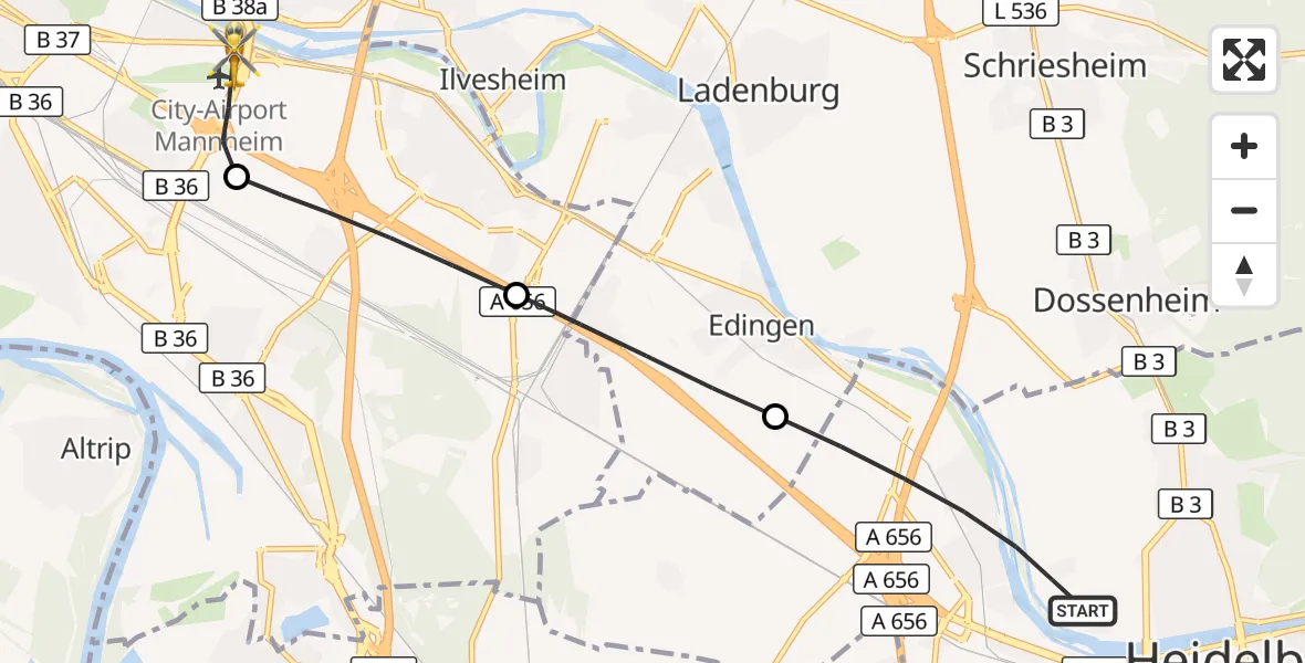 Flugroute Rettungshubschrauber Heidelberg - Mannheim-City Flughafen, 23 August 2026, 11:38