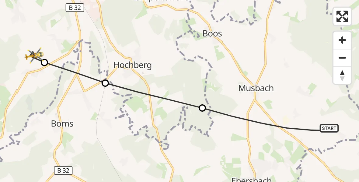 Flugroute Rettungshubschrauber Ebersbach-Musbach - Bad Saulgau, 23 August 2026, 11:45