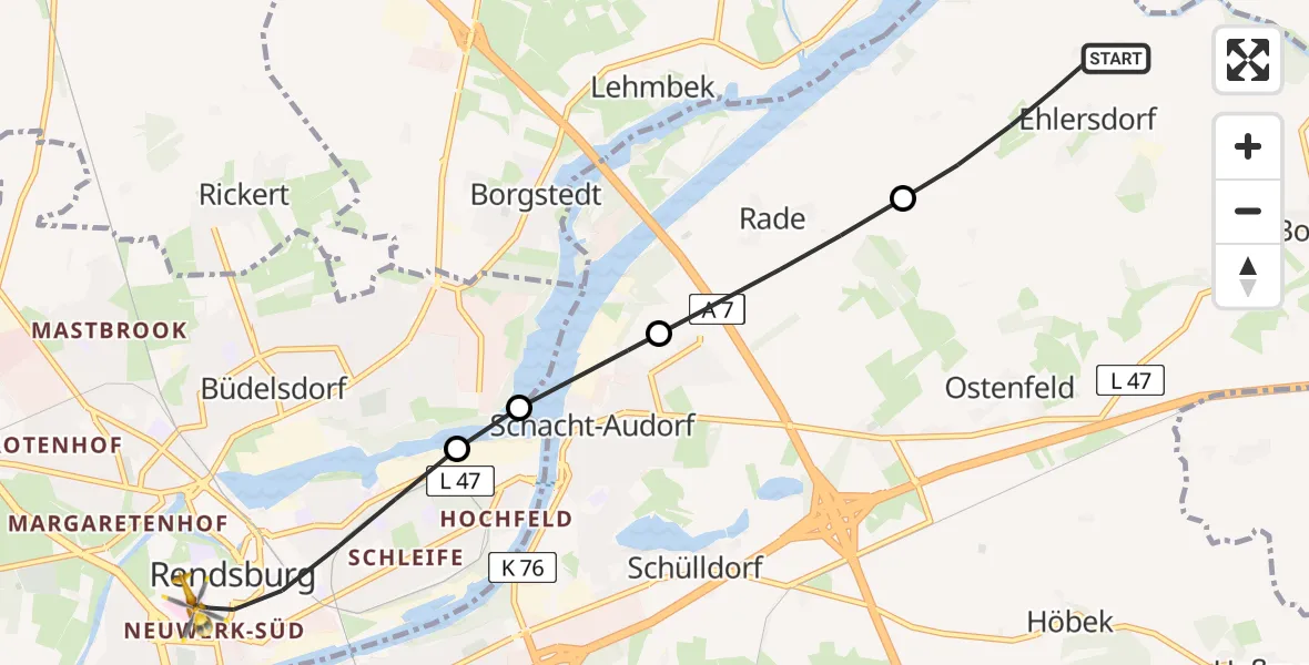 Flugroute Ambulanzhubschrauber Bovenau - Rendsburg, 23 August 2026, 11:55