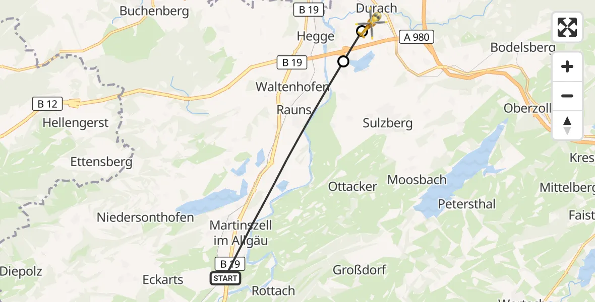 Flugroute Rettungshubschrauber Waltenhofen - Kempten-Durach Flugplatz, 23 August 2026, 11:56