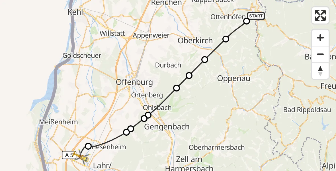 Flugroute Rettungshubschrauber Seebach - Lahr Flughafen, 23 August 2026, 12:07
