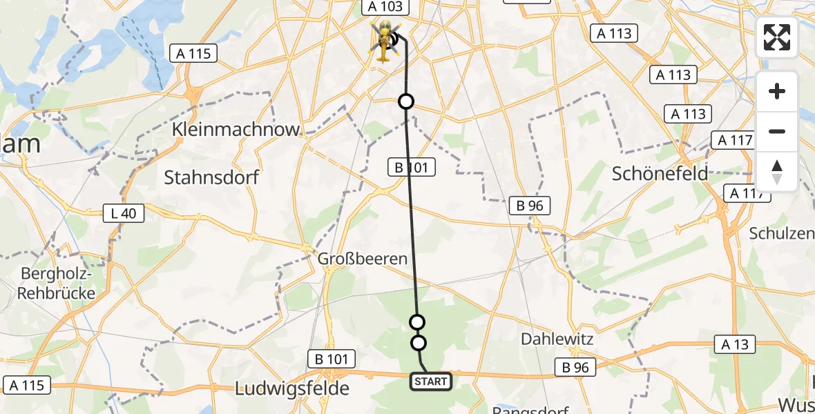 Flugroute Rettungshubschrauber Blankenfelde-Mahlow - Charité Clinic Benjamin Franklin Campus, 23 August 2026, 12:08