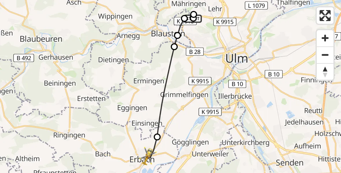 Flugroute Rettungshubschrauber Ulm Military Hospital Emergency - Erbach, 23 August 2026, 12:18